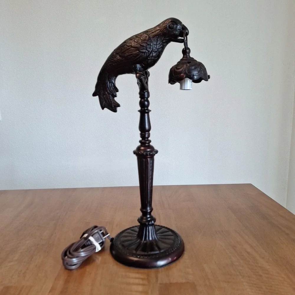Vintage Art Deco Cast Iron Parrot W/ Lantern Lamp Working 18